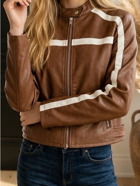 Jackets & Blazers - Women's Brown Leather Racer Stripe Jacket - Cream Accent
